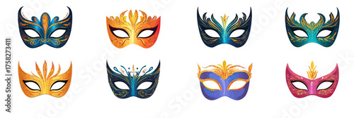 Set of eight colorful flat minimalist masquerade masks with ornamental designs for carnival party costume and festive celebration collection vector illustration