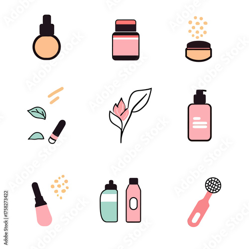 Flat minimalist vector icons set of skincare products including serum bottle, cream jar, lotion pump, lip balm, natural flower, cleanser bottles, and facial cleansing brush in soft pastel colors