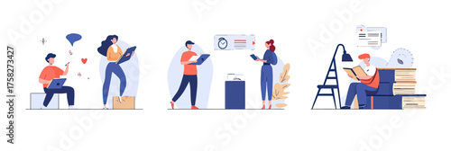 Young diverse people engaged in self learning with books and digital devices at home, online education and personal development concept vector illustration set