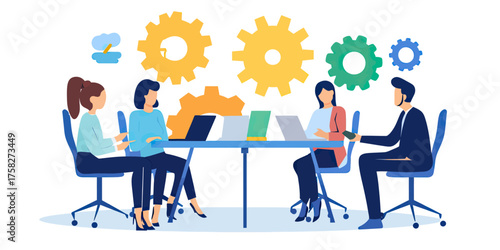 Diverse business team collaborating at meeting table with laptops and coffee surrounded by colorful gears concept of teamwork productivity and process management in flat style vector illustration