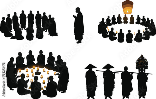 Silhouette Set of Traditional and Religious Ceremony Scenes Featuring Groups of People and Ritual Objects on White Background