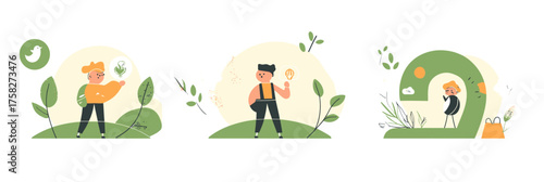 Flat minimalist sustainability concept illustration with diverse people holding leaf, light bulb, and recycling circle symbolizing eco friendly lifestyle and green energy solutions