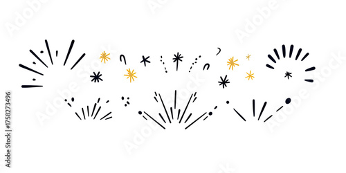 Set of abstract burst and sparkle line icons with rays and stars, minimal decorative fireworks elements for design and celebration accents vector illustration