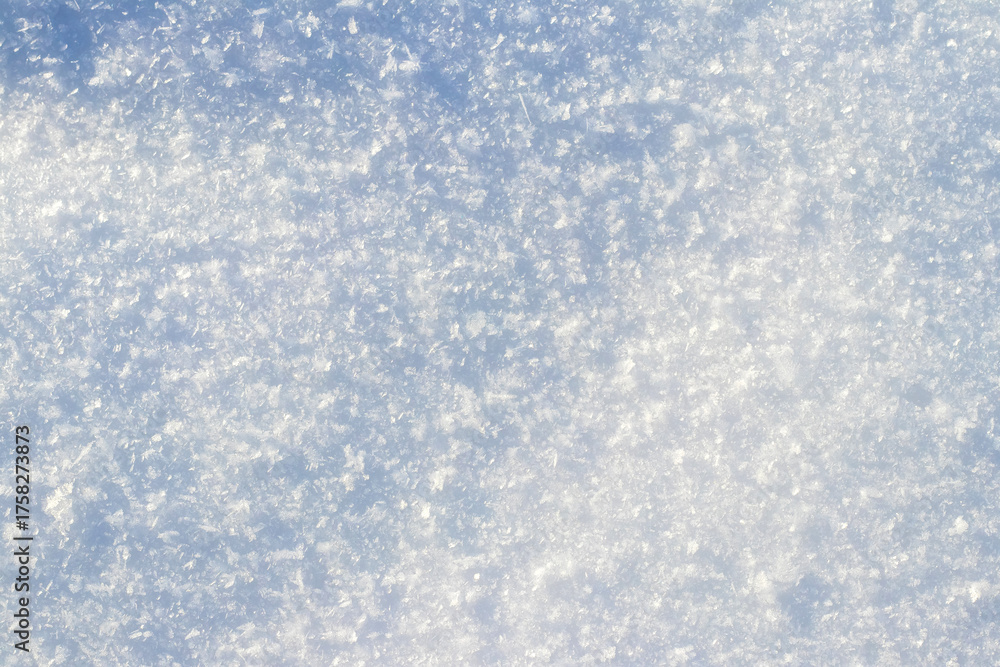 Obraz premium Detailed abstract background of fresh snow cover with icy crystals sparkling in the winter sun, with a blue tint and soft shadows, perfect for winter design and advertising