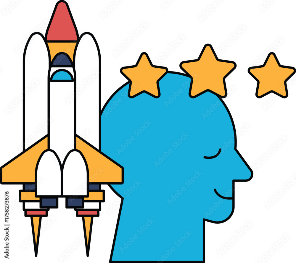 Fototapeta premium A rocket is flying in the sky and a person is smiling