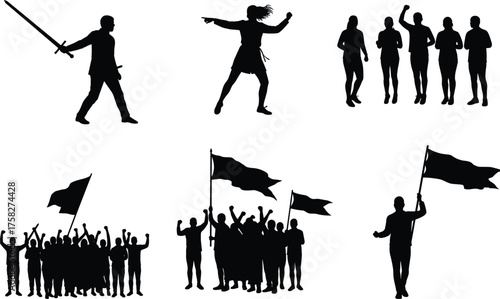Silhouette vector set of protest, unity, flag waving, martial arts, crowd scenes, celebration, combat poses, dramatic black figures
