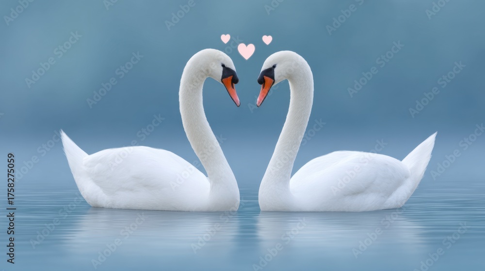 Obraz premium Romantic Swans Forming Heart Shape With Their Necks on Calm Water Surface in Soft Blue Background