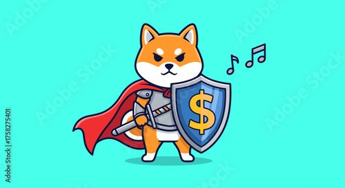Shiba Inu dog superhero with shield and sword