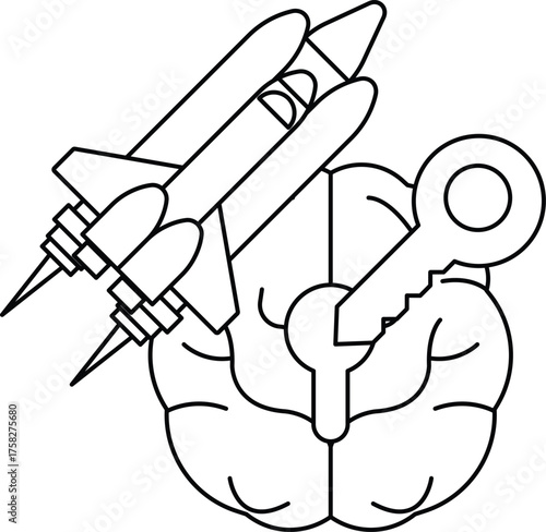 A rocket is flying in the sky and a key is being held by a person
