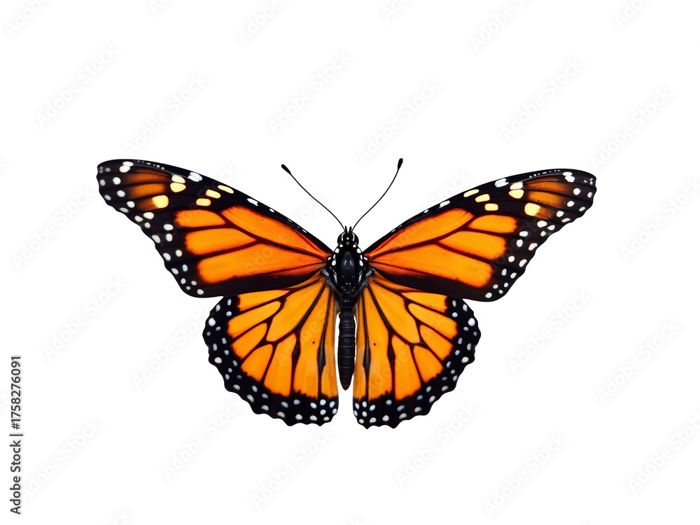 Fototapeta premium Monarch butterfly with vibrant orange and black patterned wings spread open, isolated on transparent background