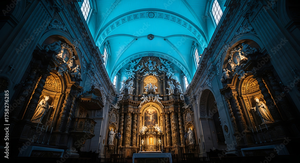 Obraz premium Baroque Church Interior Ornate Altar Statues Detailed Architecture Blue Light
