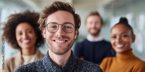 Smiling business team in a modern office environment. Confident young man in glasses in sharp focus, with diverse colleagues blurred in the background, symbolizing teamwork, leadership, and success.