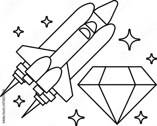 A rocket is flying through space with a diamond in the background
