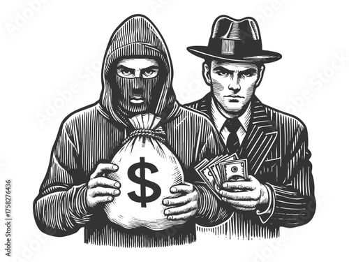 masked thief with a money bag and a suited gangster counting cash, symbolizing crime and robbery sketch engraving generative ai fictional character vector illustration. Scratch board. Black and white.
