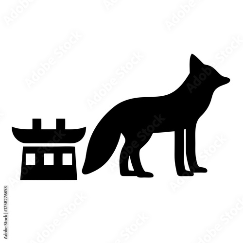 Black silhouette illustration of a fox standing near a miniature shrine