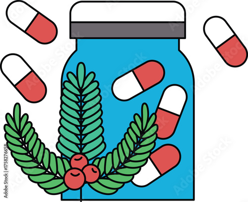 A jar of pills is surrounded by leaves