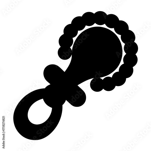 Black silhouette of a baby rattle with scalloped edges around the top