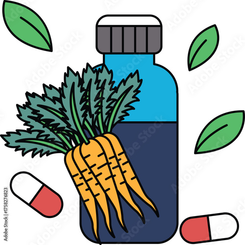 A bottle of pills is next to a bunch of carrots
