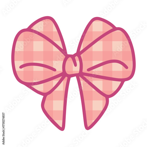A sweet pink and white gingham bow with perfectly symmetrical loops and two short, pointed tails. This clean and classic checkered design is wonderfully versatile for any craft or decoration.