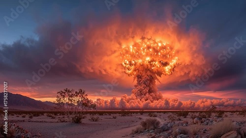 Atomic bomb. A nuclear bomb explosion over the desert at sunset.