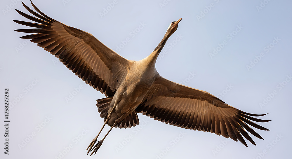 Obraz premium Common crane flying bird blue sky background nature wildlife wings outstretched flight