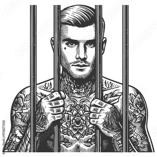 muscular tattooed man gripping prison bars, staring forward with a serious expression sketch engraving generative ai fictional character vector illustration. Scratch board imitation. Black and white.