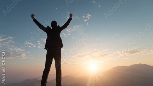 Businessman with business suit celebrate the success on the peak. Succession concept.