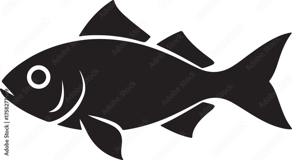 Fototapeta premium Black silhouette of a fish with fins and tail on a white background seafood aquatic also transparent background