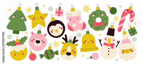 Cute Christmas characters heads and traditional winter holidays attributes hanging toys decoration