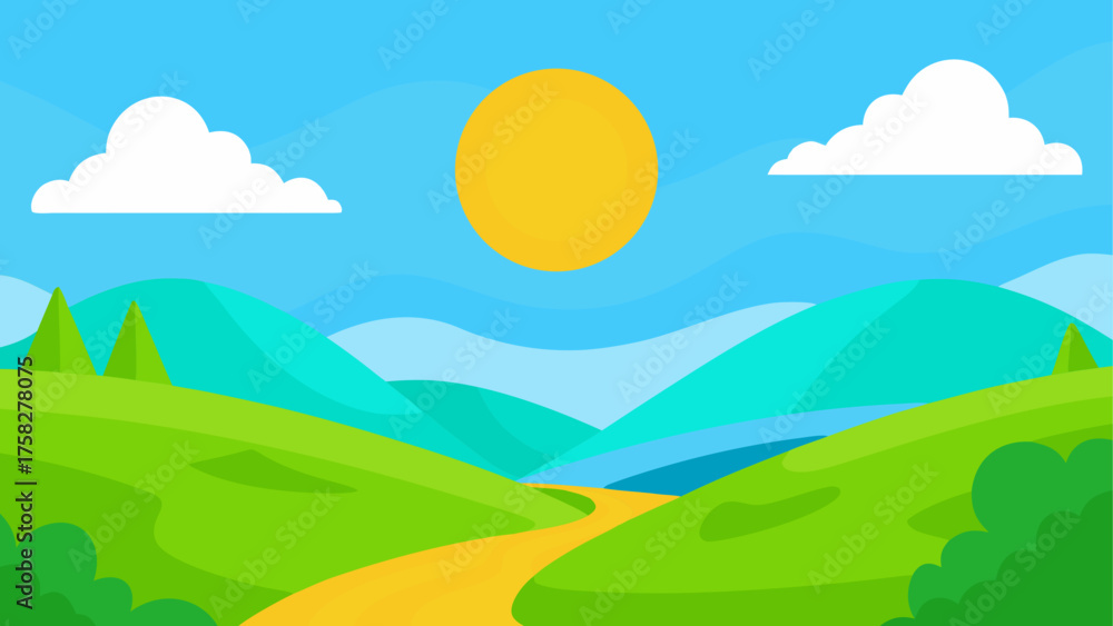 Fototapeta premium Vibrant cartoon landscape with rolling green hills a winding path and a bright sun