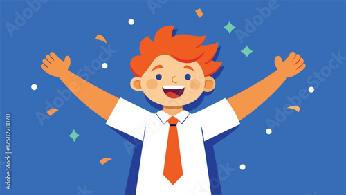 man stands with his hands raised in the air, expressing excitement or celebration..eps