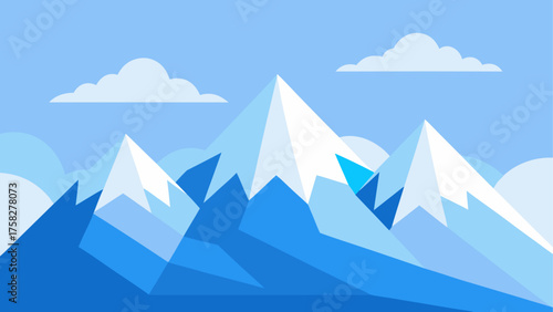 Stylized blue mountains with snow caps and clouds under a clear sky