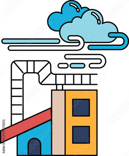 A black and white drawing of a factory with a cloud of smoke coming out of it