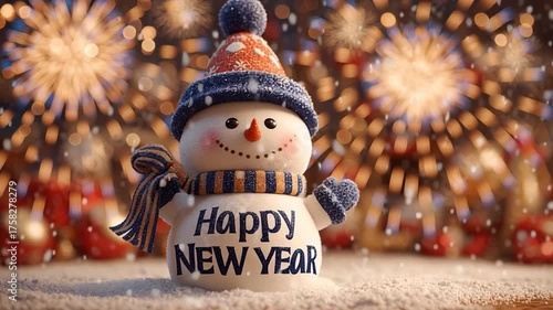 Happy New Year. Snowman with fireworks and snow. New year celebration concept.