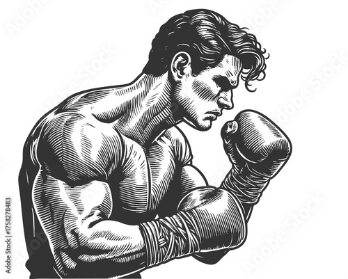 focused boxer in a fighting stance, highlighting power, discipline, and vintage athleticism sketch engraving generative ai fictional character vector illustration. Scratch board. Black and white image