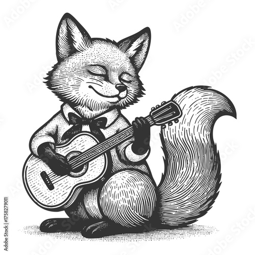 relaxed fox playing an acoustic guitar, blending animal charm with musical creativity sketch engraving generative ai fictional character vector illustration. Scratch board imitation. Black and white.