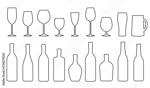 linear set of acohol bottles, wine, beer mug, brandy bottles and glasses