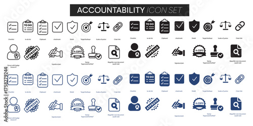 Accountability icon set in line/filled styles: checklist, to-do, clipboard, checkmark, shield, target, scales, chain link, owner badge, approve stamp, signature pen, and document with magnifier