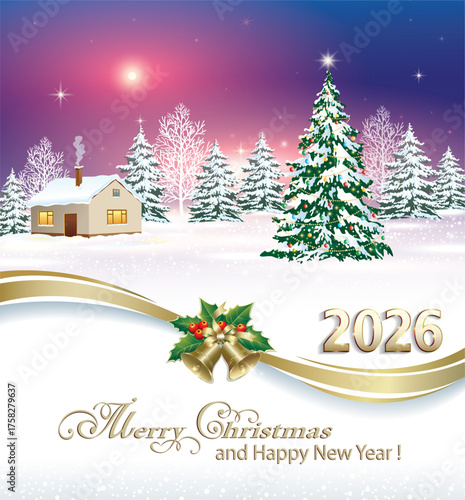 Happy New Year 2026 . Holiday winter background with Christmas tree. Night landscape. Greeting card decorated with gold ribbon and bells. Vector illustration 3d