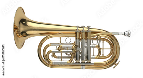 Isolated golden baritone horn against neutral backdrop for music concert ads and education