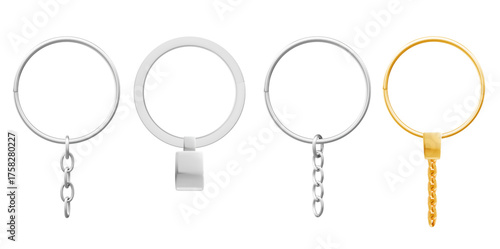 Metal keychain rings with silver chains and golden holder for keys or accessories. Chrome split circles with links and brass loop. Blank holders for customization or promotional pennant gifts.