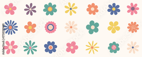 Daisy flowers collection. Cartoon set of simple chamomile in flat design. Groovy retro floral cute vector. Vintage style.
