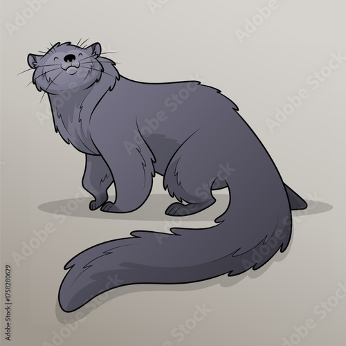 Cute cartoon-style dark gray binturong with a bushy tail and rounded face, isolated on light background, vector illustration for character design, animation, or storytelling use