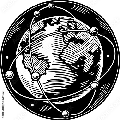 Global Network: An intricate graphic depicts the Earth encircled by interconnected orbital paths, symbolizing global communication and technological advancement.