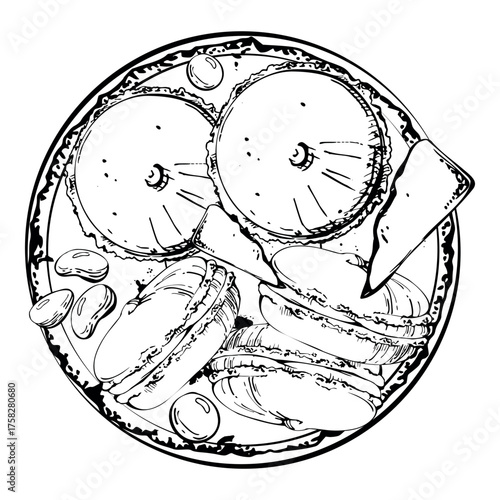 Chocolate crumbles, candy dragees, macarons, and sandwich buns on clay plate in vector ink. Isolated hand drawn artwork. event menus, recipe visuals, food wrap patterns, editorial illustrations.