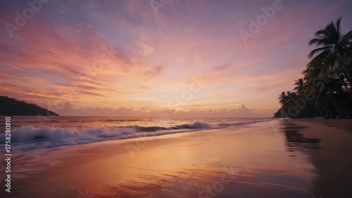 Beach scene with palm trees and a vivid sunset, ocean waves rolling