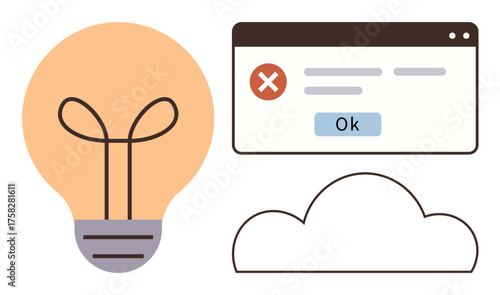 Lightbulb for ideas, error message box, and cloud. Ideal for technology, motivation, innovation, problem solving, creativity, troubleshooting or digital metaphor in a simple flat style