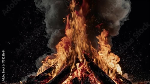 A vibrant bonfire ablaze against a black backdrop with embers floating