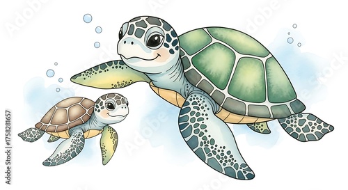 Watercolor Sea Turtle Mom and Baby Aquatic Wildlife Illustration Ocean Painting