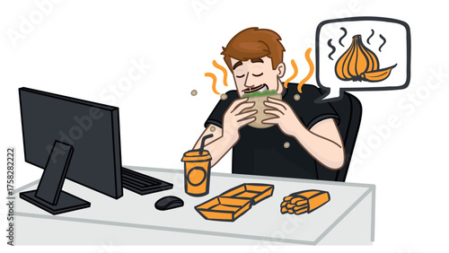 Mitarbeiter isst stark riechendes Essen am Arbeitsplatz im Großraumbüro Vektorillustration zu schlechtem Benehmen und Rücksicht im Büro
